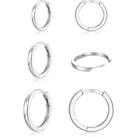 3 Pairs 925Sterling Silver Hoop Earrings 14K White Gold Plated Small Silver Hoop - Picture 1 of 6